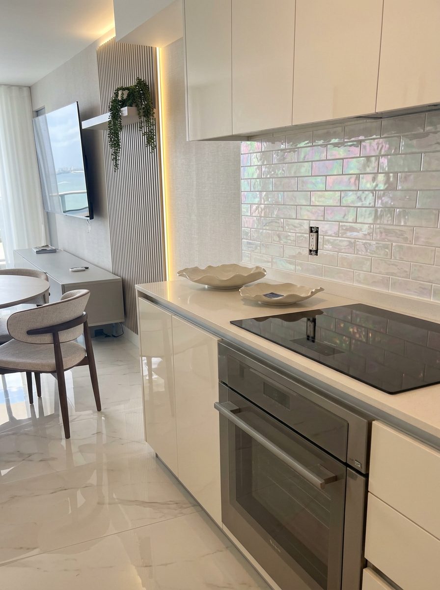Glamor Iridescent Pearly White instalado como backsplash na cozinha Gabai's Decor
