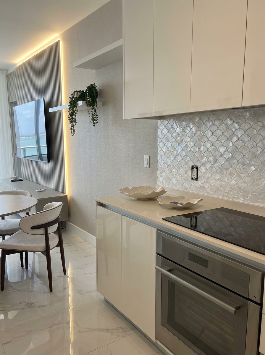 Pacif White Mother of Pearl instalado como backsplash na cozinha Gabai's Decor