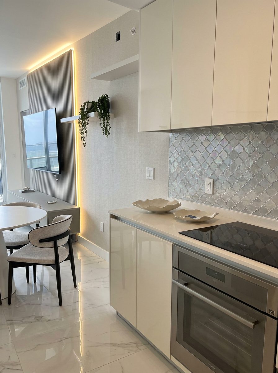 Plume Arabesque Iridescent instalado como backsplash na cozinha Gabai's Decor