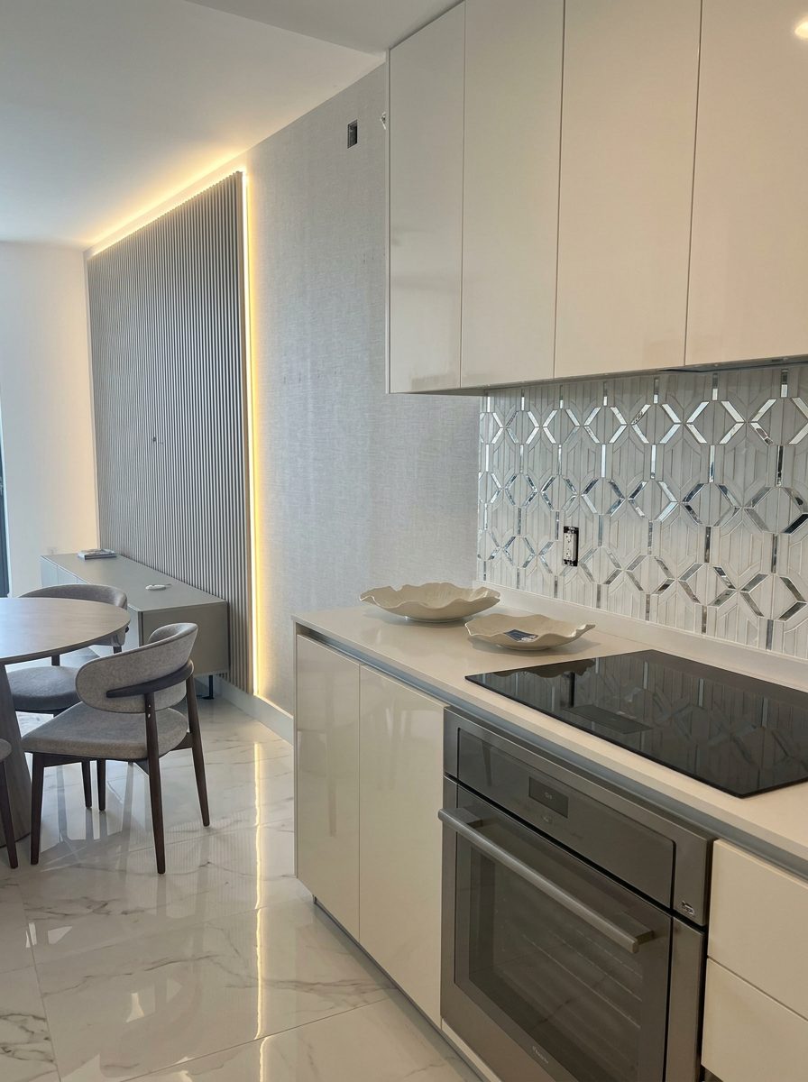Art Deco Birch White & Mirror instalado como backsplash na cozinha Gabai's Decor